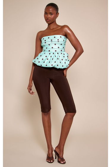 Mint Polka Dot Stretch Woven Puffball Hem Bandeau Top