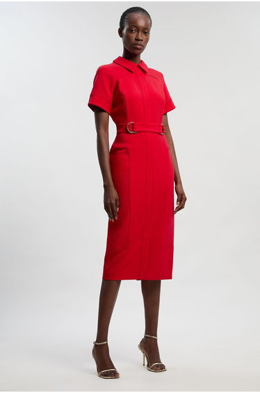 Compact Stretch Tipped Tab Detail Tailored Pencil Dress
