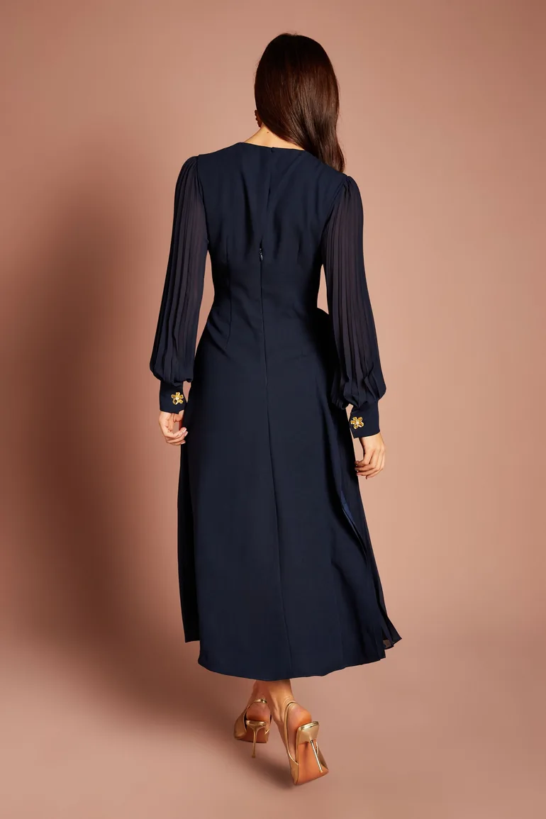Long Sleeve Pleated Crepe Midaxi Dress - 2
