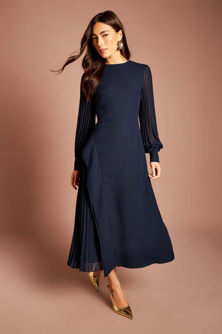 Long Sleeve Pleated Crepe Midaxi Dress