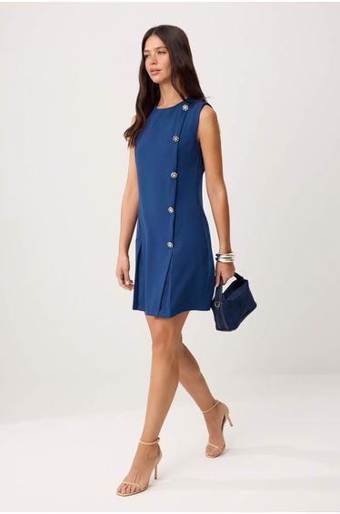 Navy Blue Plain A-Line Buttoned Short / Mini Woven Dress