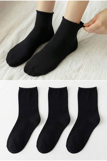 Black 3-Piece Plain Jacquard Knitted Socks