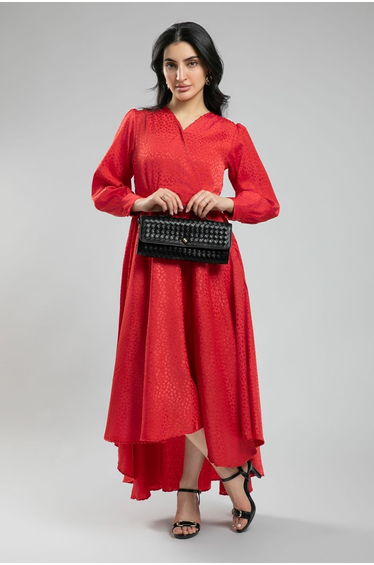 Women's Satin Long Dress with Long Sleeves - Subtle Pattern & Asymmetrical Hem