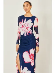 Yumi Navy Floral Placement Floral Long Sleeve Mesh Maxi Dress - 4