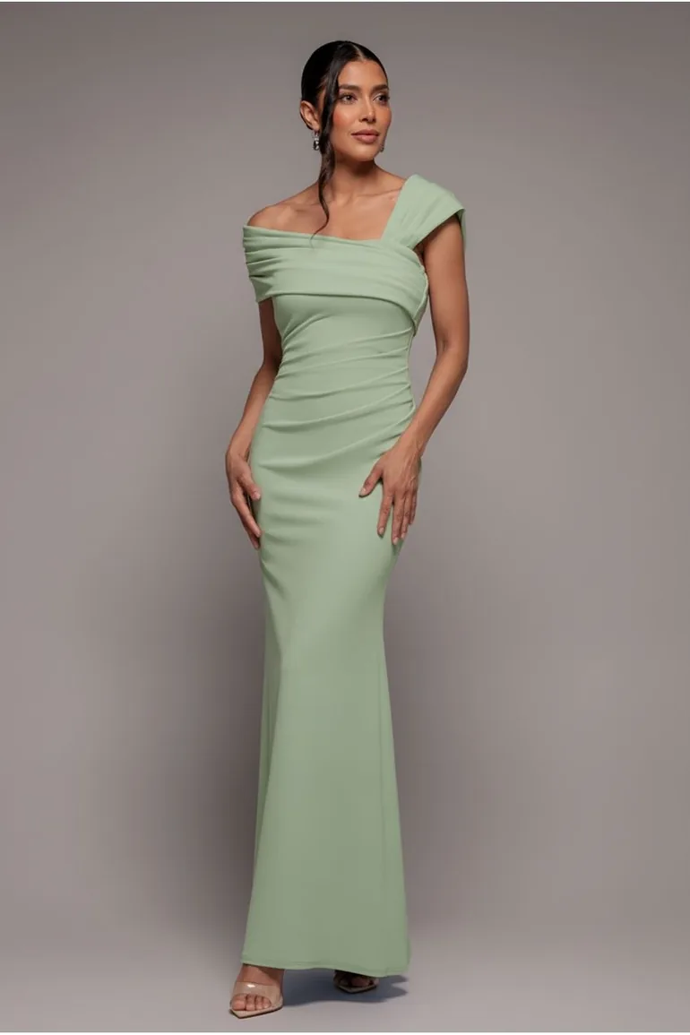goddiva one shoulder evening maxi dress Goddiva One shoulder puffed satin sleeve evening maxi dress in emeraldgreen