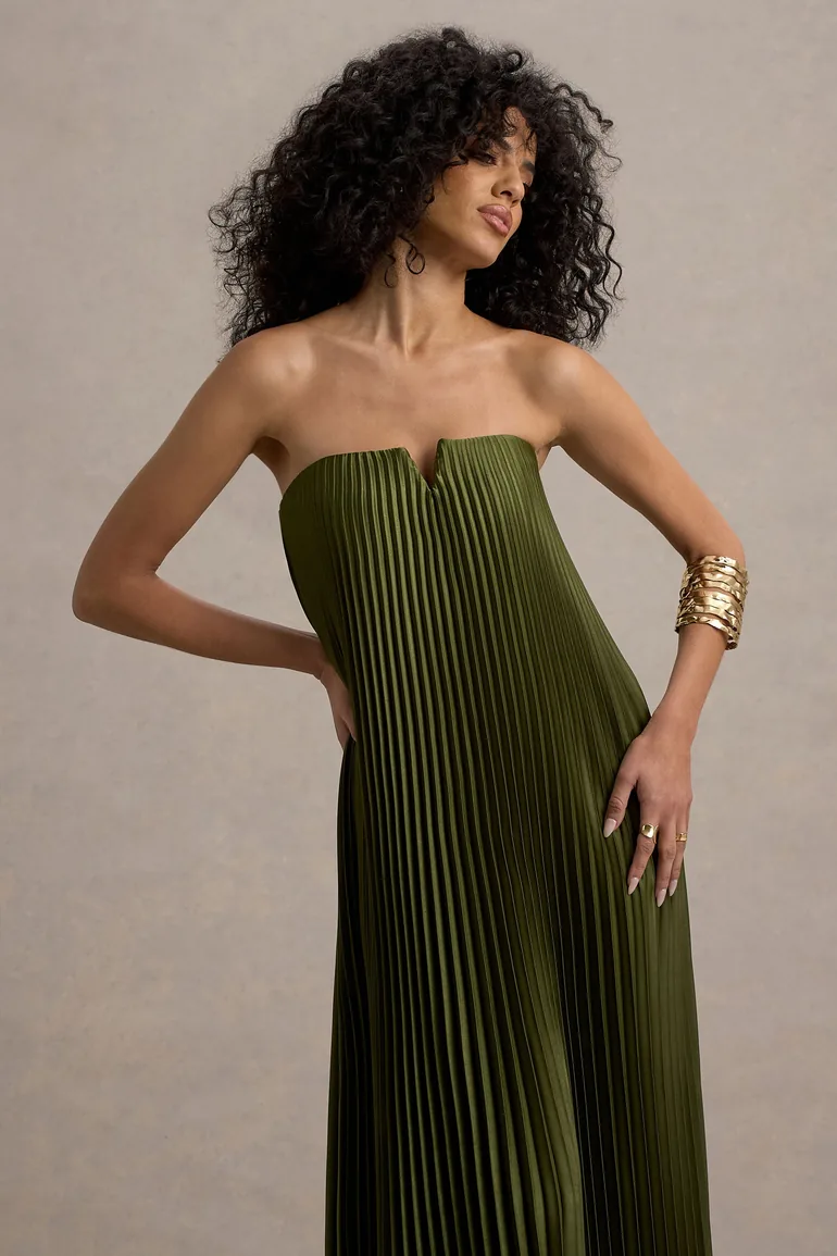 Bergamot | Olive Satin Sweetheart Maxi Dress - 2