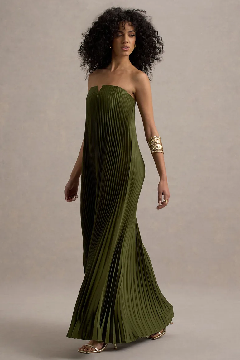 Bergamot | Olive Satin Sweetheart Maxi Dress