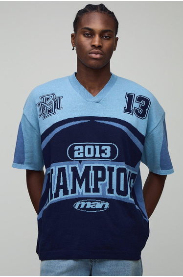 Man Champions Varsity Jacquard Knitted Short Sleeve Hockey Top - navy