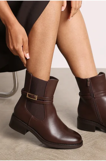 Quilla Ankle Boot with Gold Buckle Detail in Light Brown Faux Leather