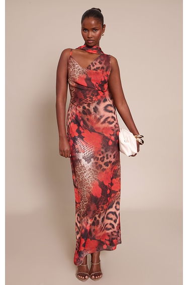 Leopard Floral Print Chiffon Scarf Maxi Dress