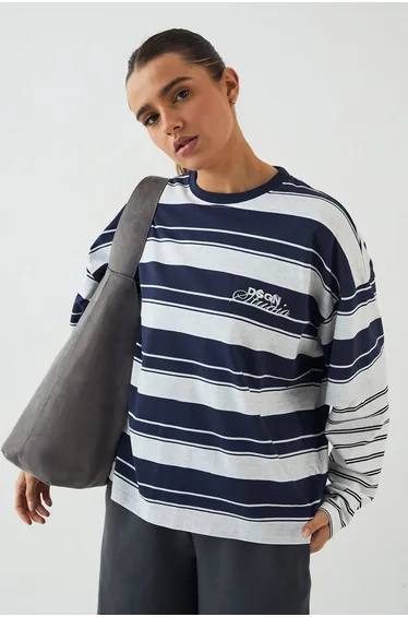 DSGN Studio Faux Layer Sleeve Stripe Long Sleeve T-Shirt - indigo