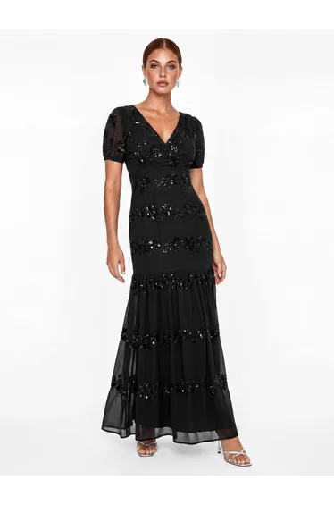 Maya Black Embellished Short Sleeve Maxi Dress