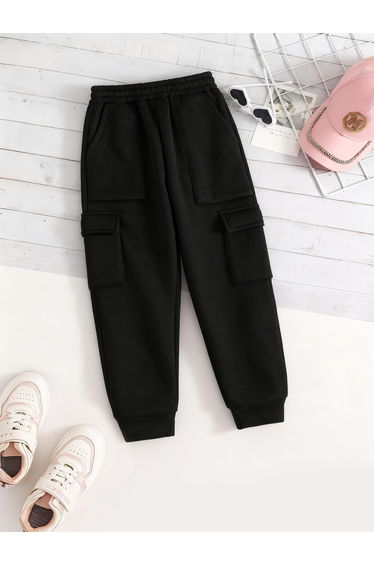 Black Solid Cargo Joggers with Pockets