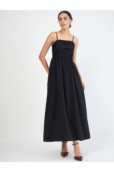 Black Off Shoulder Ruched Detail Maxi Dress