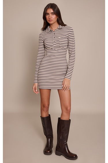 Blue Striped Soft Touch Collar Long Sleeve Bodycon Dress