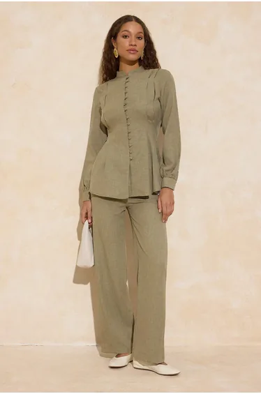 Khaki Linen Look Button Detailed Woven Bottom - Top Set