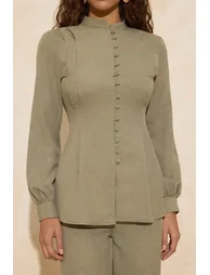 Khaki Linen Look Button Detailed Woven Bottom - Top Set - 2