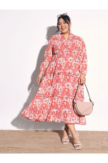 Plus Size Orange Floral V-Neck Tiered Maxi Dress