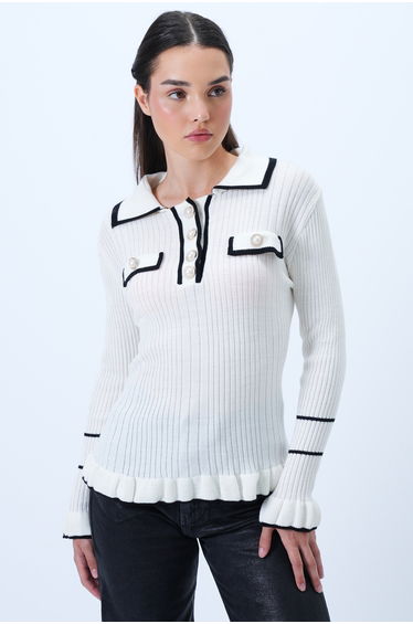 Women's Ecru Polo Collar Button Detailed Knit Blouse