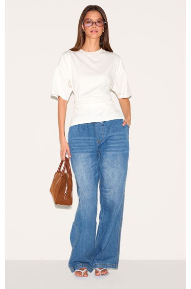 Mid Blue Elasticated Waistband Wide Leg Jeans