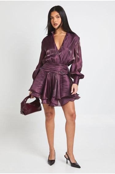 Textured Satin Ruched Frill Skirt Mini Dress - burgundy