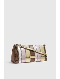 Bronze Metallic Bar Flap Front Clutch Bag - 1