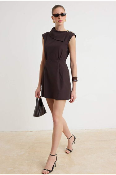 Brown Collar Detail Mini Woven Dress