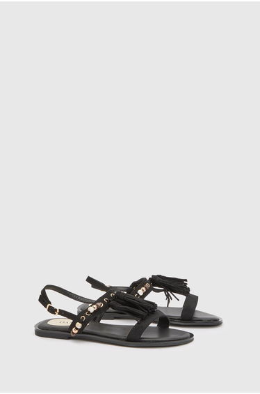 Tabi Faux Sued Tassel Trim Flat Sandals