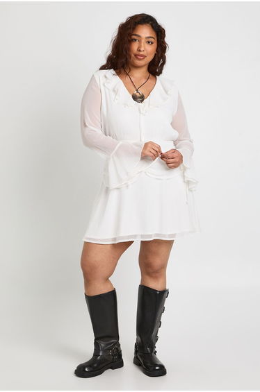Plus Chiffon Ruched Waist Skater Dress - ivory