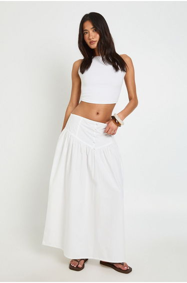 Button Waistband Maxi Skirt - white