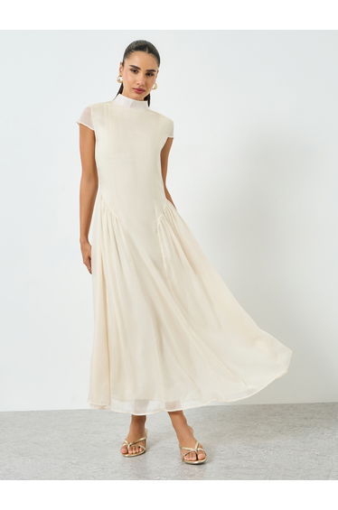 Beige Pleated Short Sleeves A-Line Midi Dress