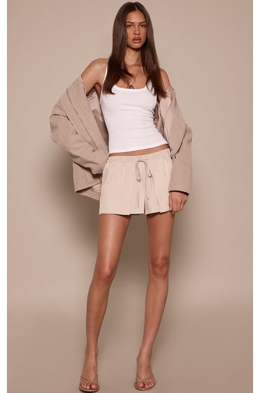 Sand Woven Wrap Over Detail Shorts