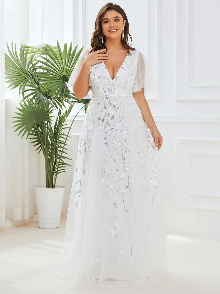 Plus Size Deep V Neck Sequin Evening Gown With Short Sleeves - 3