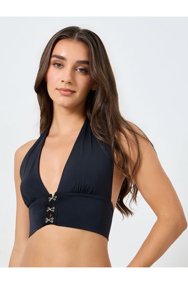 Solid Hanging Neck Metal Buckle Front Detail Non Wired Bra