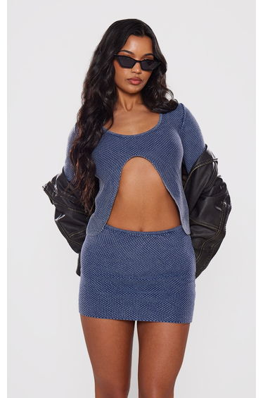 Denim Purl Knit Longline Distressed Top