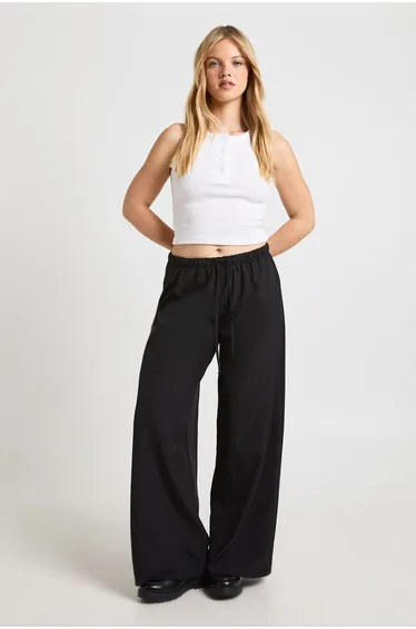 Petite Woven Elasticated Waist Drawstring Wide Leg Trouser - black