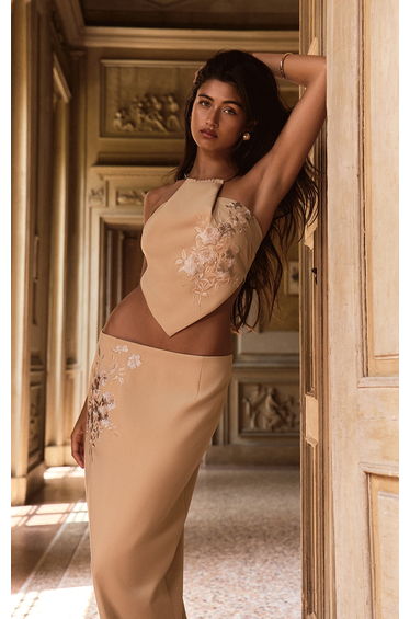 PLT Label Stone Woven Embroidered Pleat Detail Gold Trim Top
