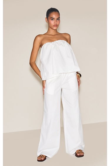 Cream Cotton Woven Elasticated Waist Wide Leg Trousers