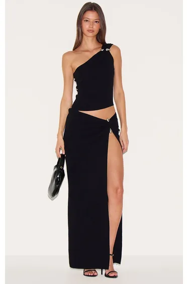 Black Fine Knit Trim Detail Side Split Maxi Skirt