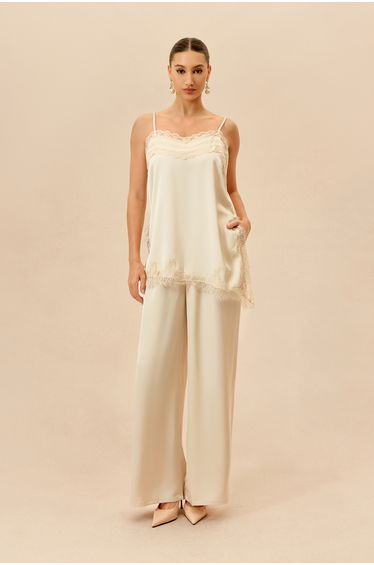 Just The Way Beige Lace Trim SatinTop & Wide Leg Pants Set