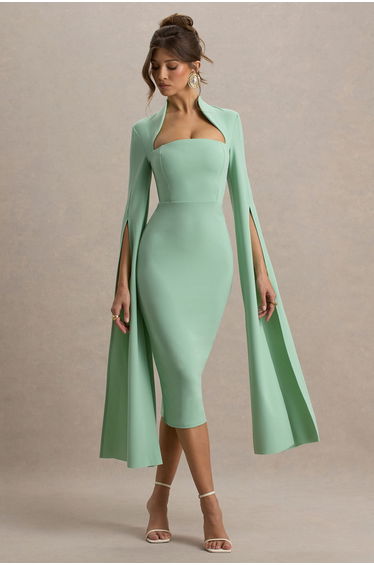 Linden | Light Green Bodycon Cape-Sleeve Midi Dress