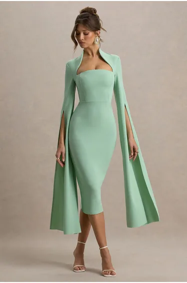 Linden | Light Green Bodycon Cape-Sleeve Midi Dress