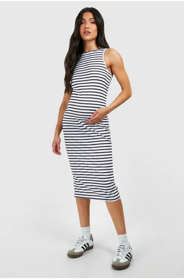 Maternity Stripe Racer Neck Midaxi Dress - black