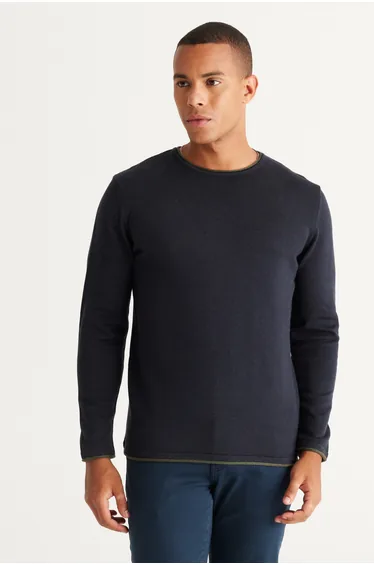 Men's Navy Blue-Khaki Standard Fit Regular Cut Crew Neck Cotton Knitwear Sweater