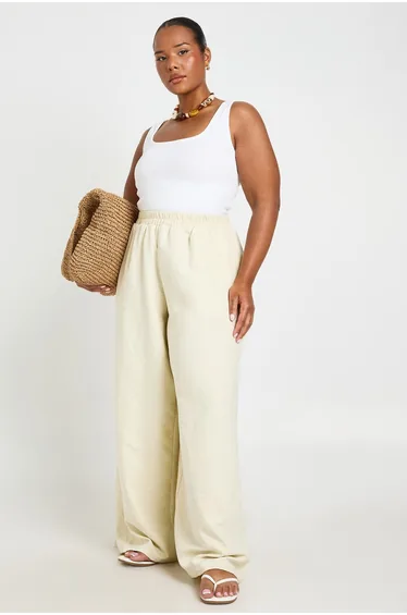 Plus Peached Elasticated Wide Leg Trousers - stone