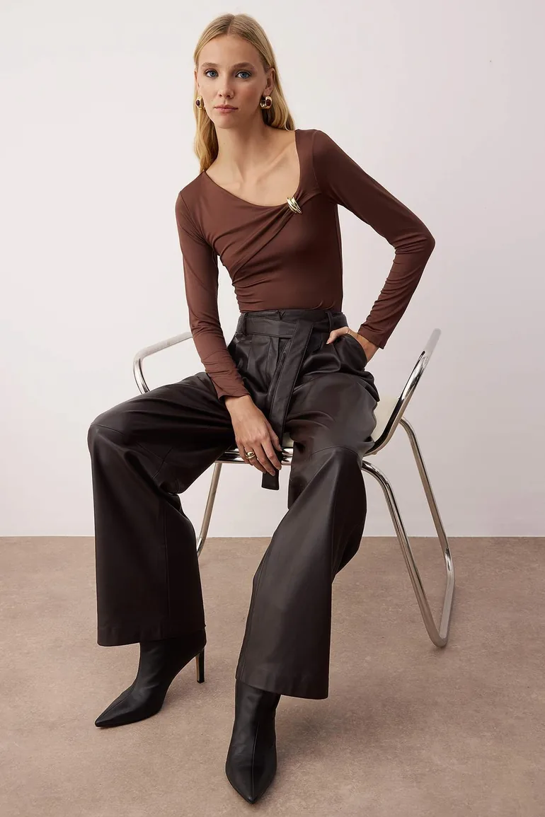 Brown Fitted/Fits the Body Accessory Detailed Snap-Front Flexible Knit Bodysuit - 1