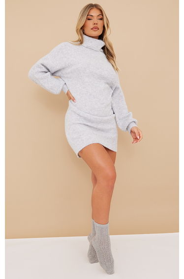 Grey Luxe Knit Roll Neck Jumper Dress