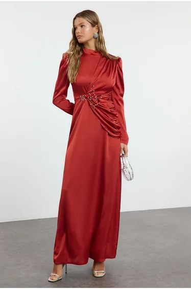 Red Stone Embroidered Woven Satin Evening Dress