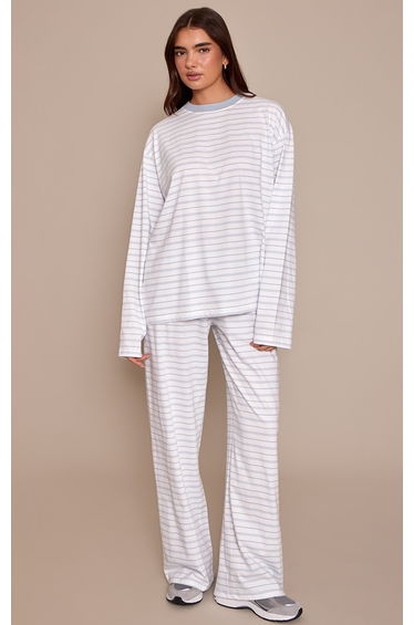 Dusty Blue Striped Wide Leg Drawstring Trousers