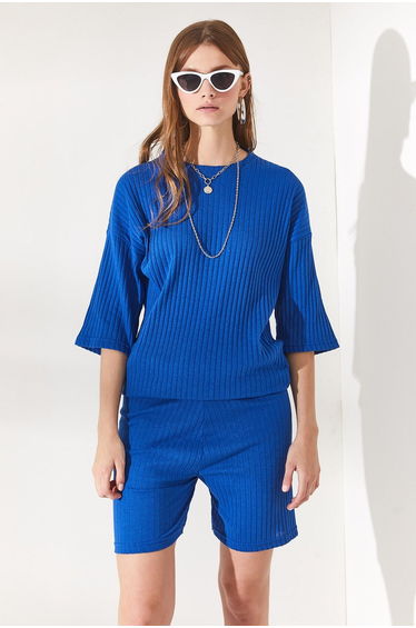 Women's Saxon Blue Bottom Short Leggings Top Loose Blouse Set